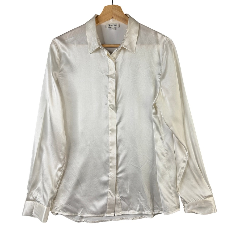 LILYSILK 100% Mulberry Silk Blouse Ivory Button Down Long Sleeve Shirt Small